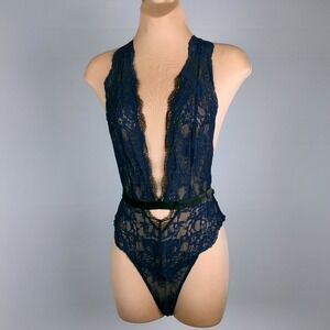 Navy Blue Lace Deep V Halter Teddy with‎ Velvet Band